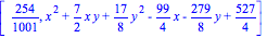 [254/1001, x^2+7/2*x*y+17/8*y^2-99/4*x-279/8*y+527/4]